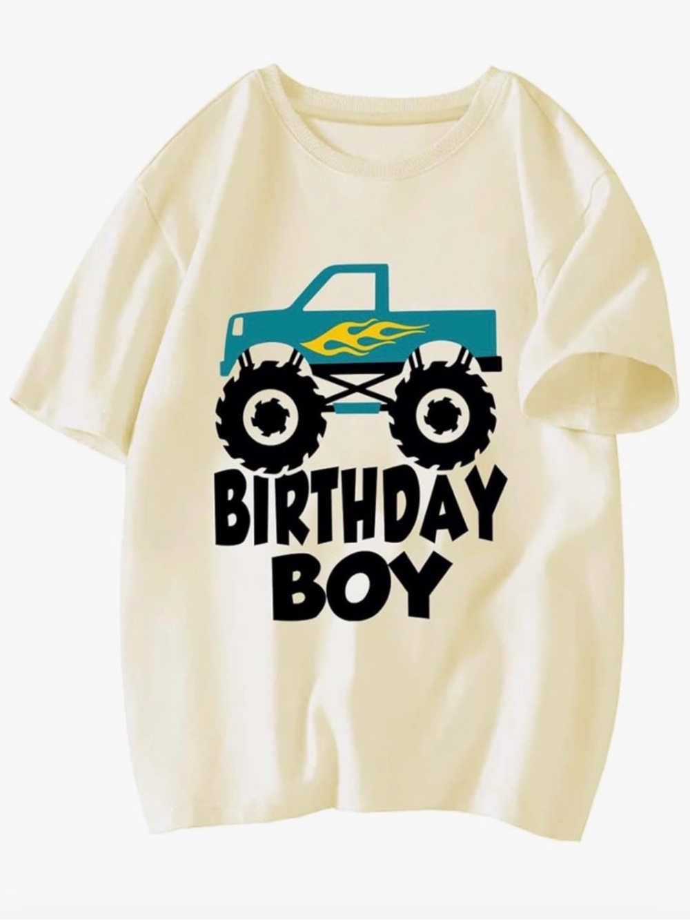 Birthday Boy Monster Truck Tee - Cream with Teal & Black